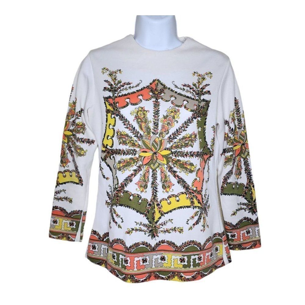 Vintage 70s Tunic Top Shirt Womens Size S White Orange Psychedelic Hippie Groovy